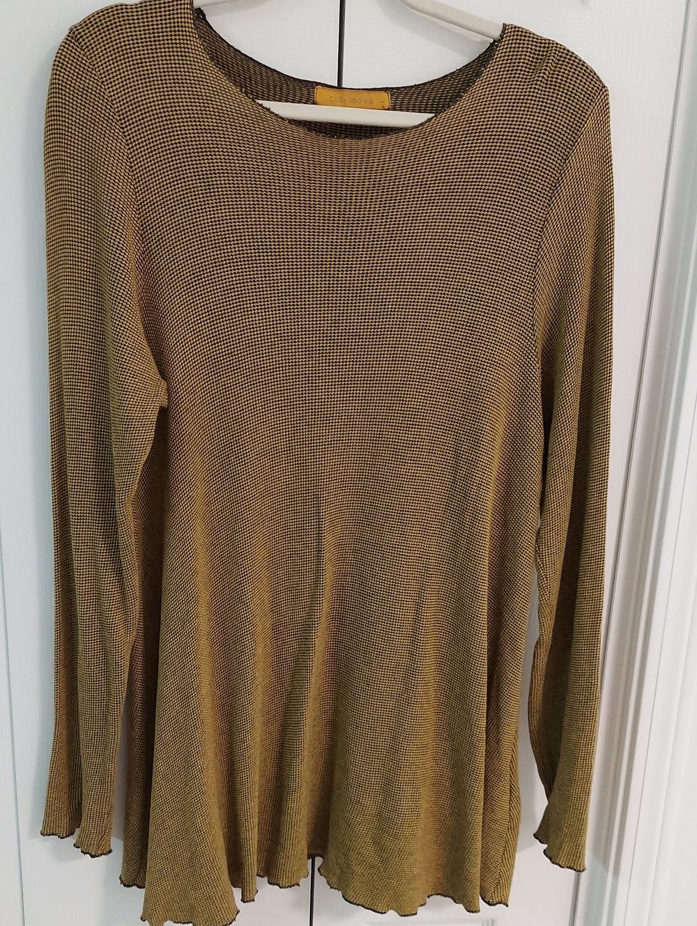 Cut Loose Tunic Top, Size L, Mustard Yellow & Black Waffle Knit, Stretch